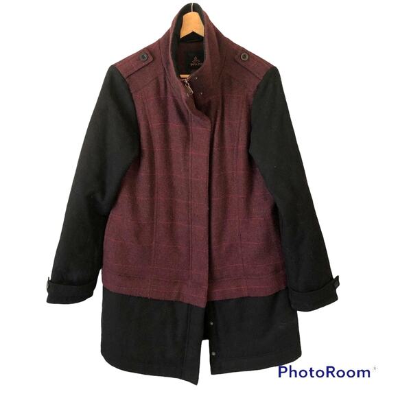 Prana Wool Coat Womens Medium Plaid Convertible Black Herringbone Winter Warm - Picture 4 of 12